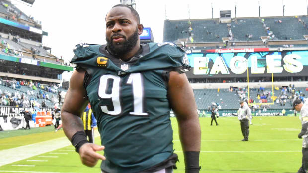 Philadelphia Eagles defensive tackle Fletcher Cox (91) runs off the field after win against the Jacksonville Jaguars at Lincoln Financial Field.